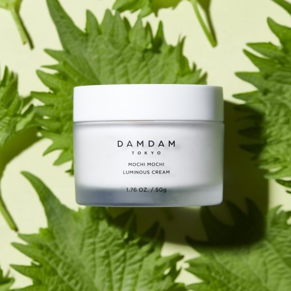 A container of DAMDAM Tokyo moisturizer against a background of leaves