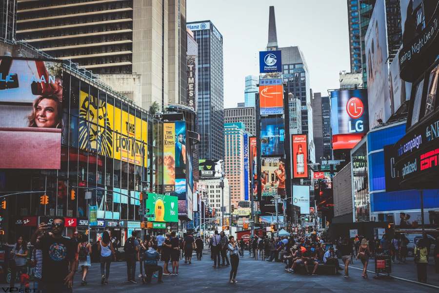 Busy street with lots of digital billboard ads